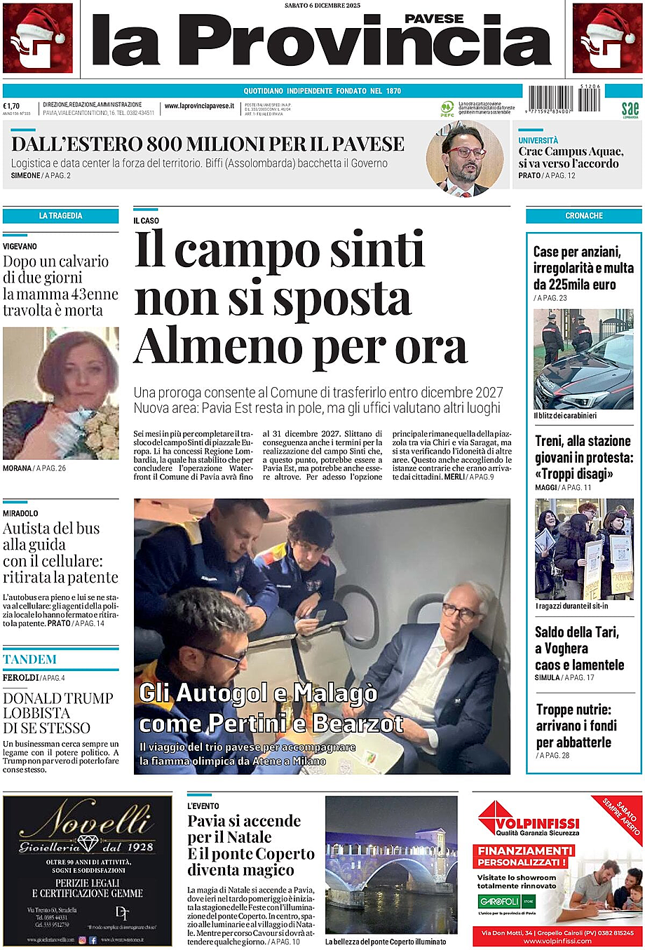 Prima pagina La Provincia Pavese di oggi - Edicola 6 Dicembre 2025