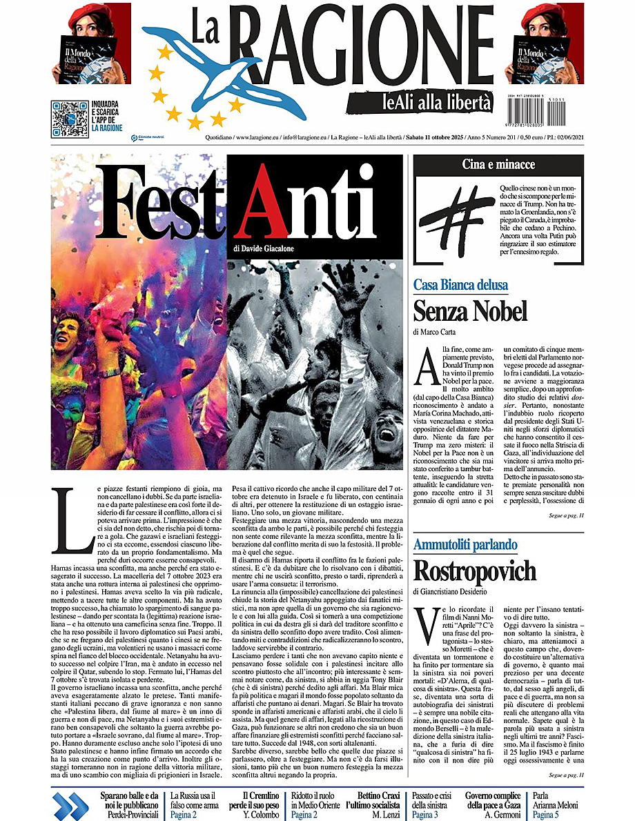 Prima pagina La Ragione di oggi - Edicola 11 Ottobre 2025