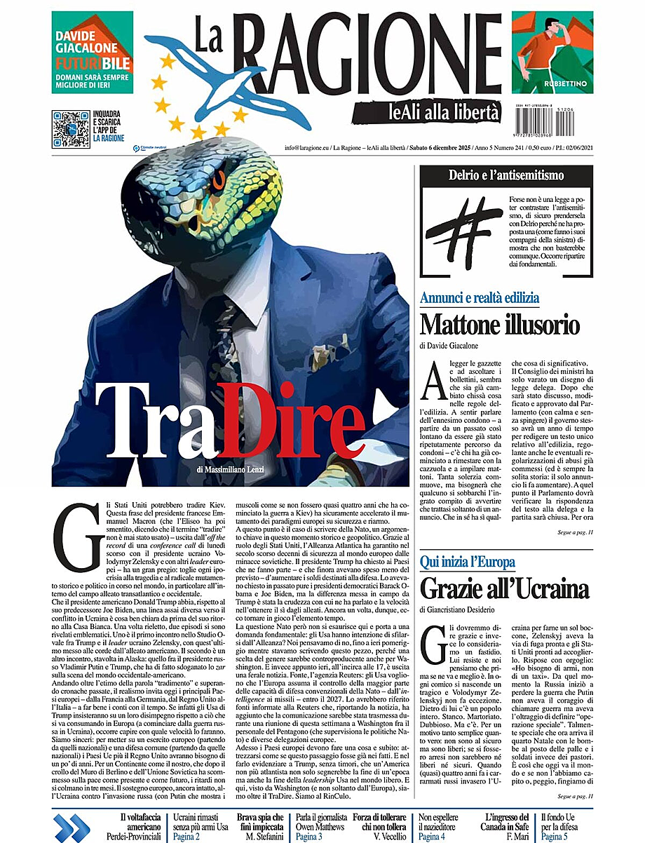 Prima pagina La Ragione di oggi - Edicola 6 Dicembre 2025