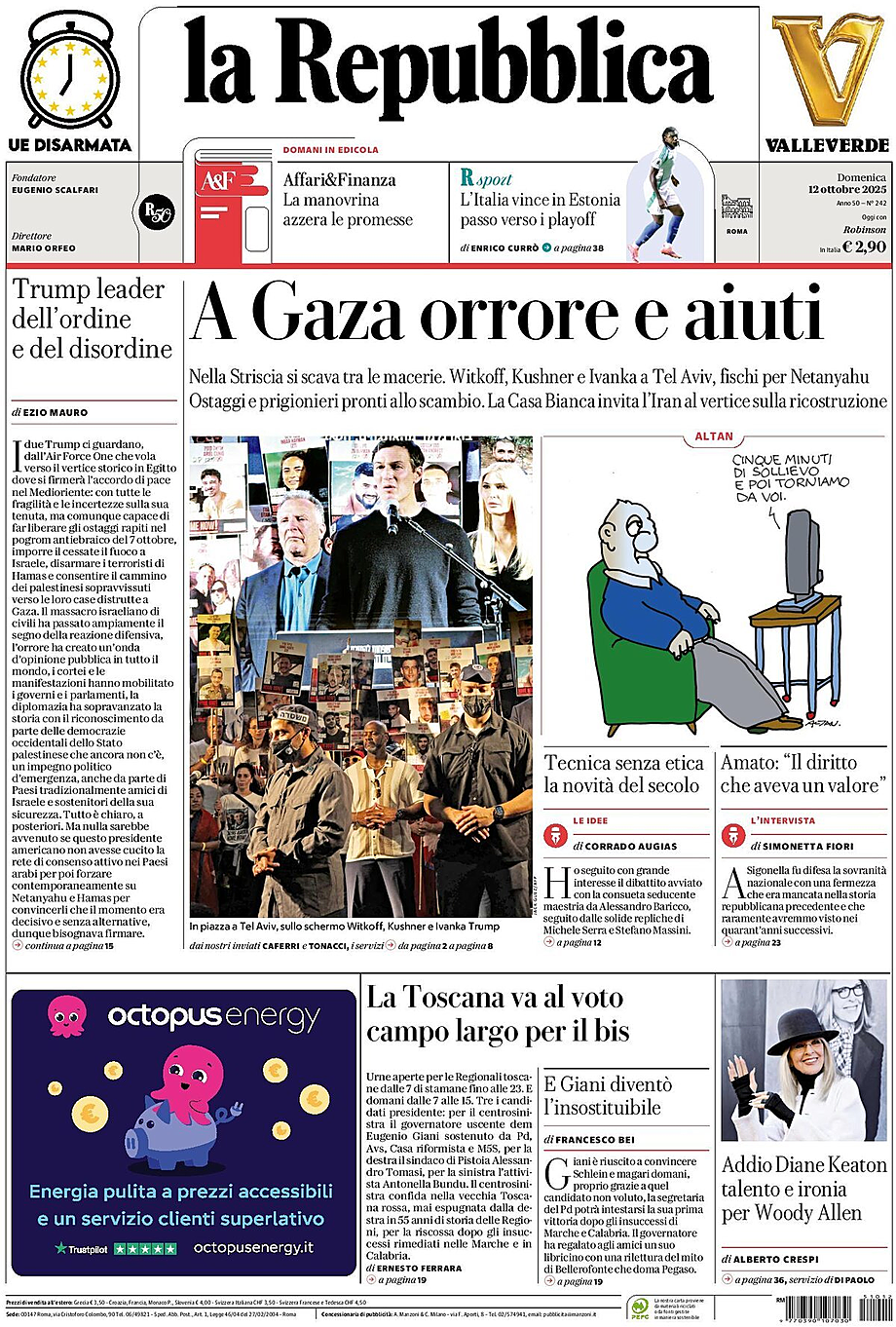 Prima pagina La Repubblica di oggi - Edicola 12 Ottobre 2025