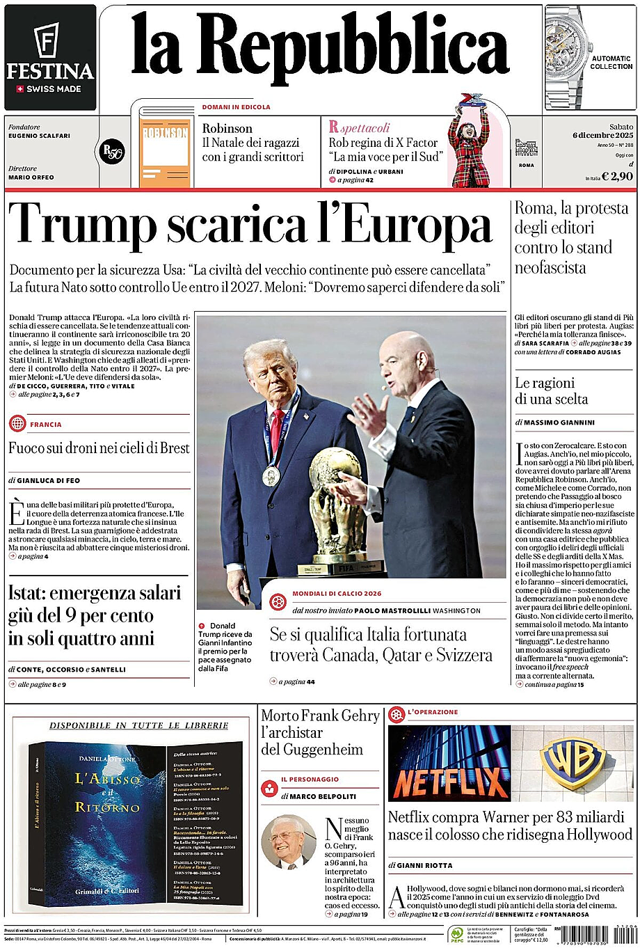 Prima pagina La Repubblica di oggi - Edicola 6 Dicembre 2025