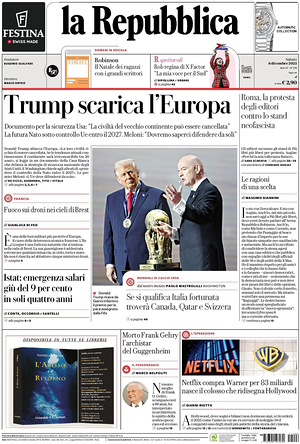Prima pagina La Repubblica di oggi - Quotidiano nazionale