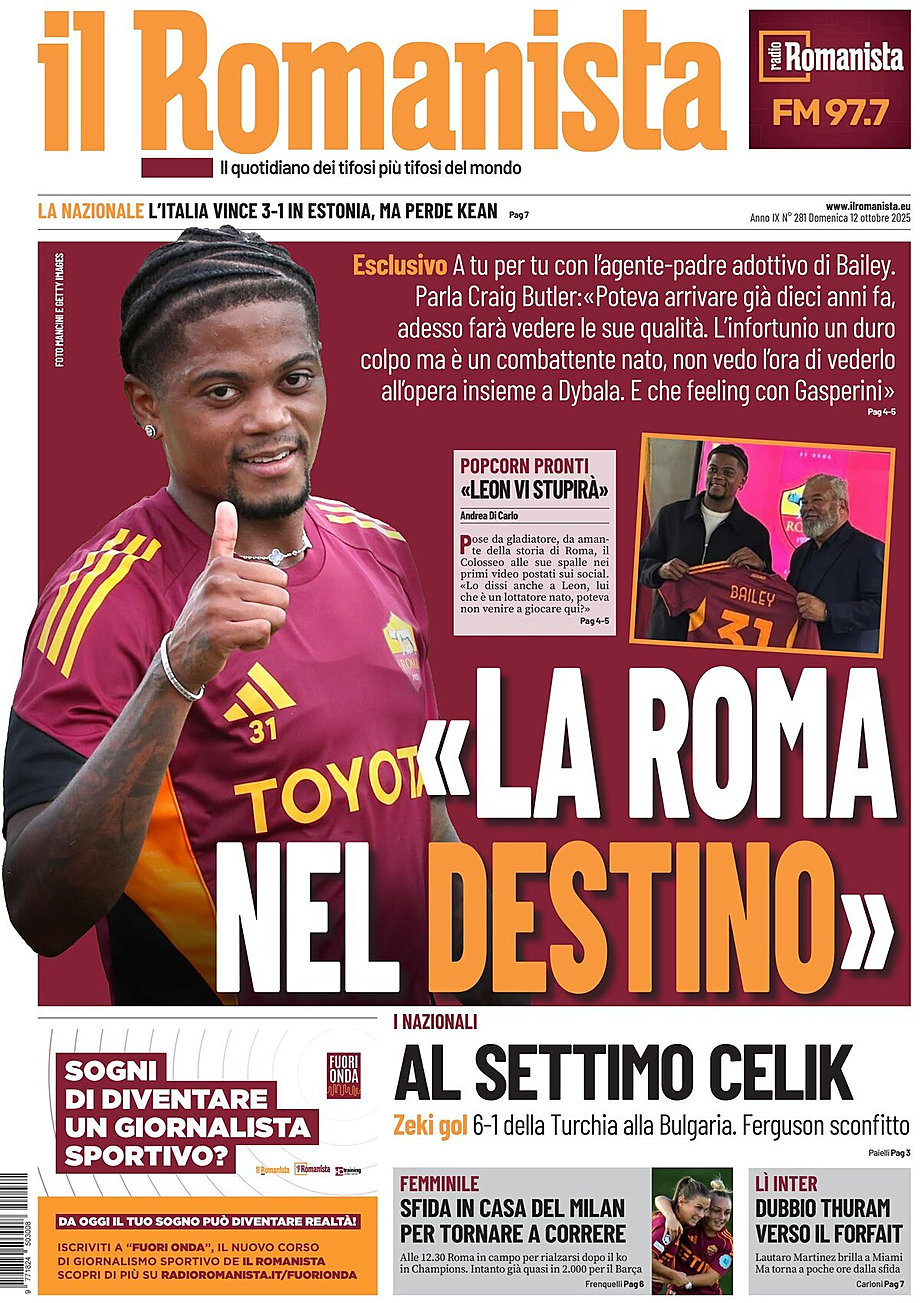 Prima pagina Il Romanista di oggi - Edicola 12 Ottobre 2025