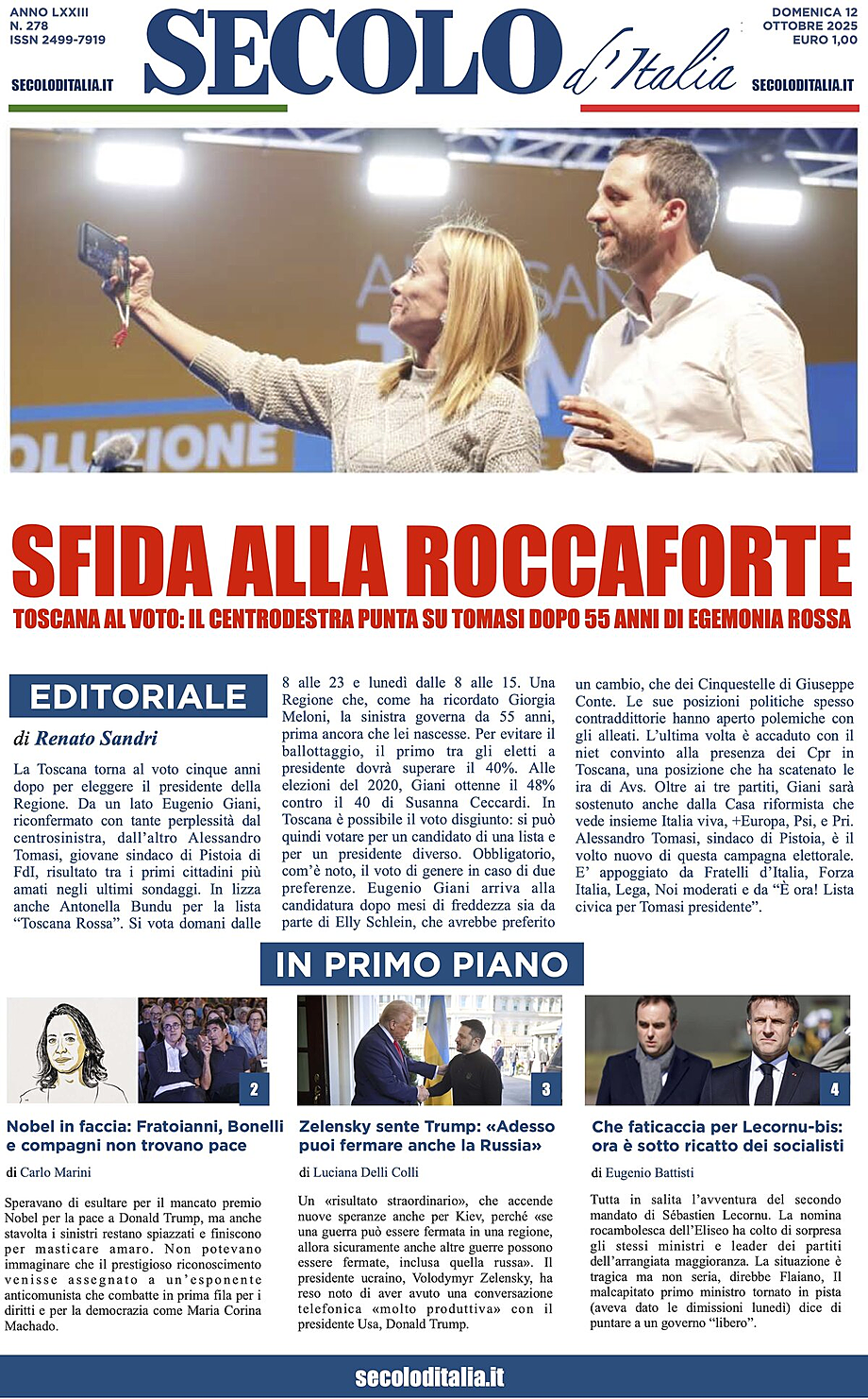 Prima pagina Secolo d'Italia di oggi - Edicola 12 Ottobre 2025