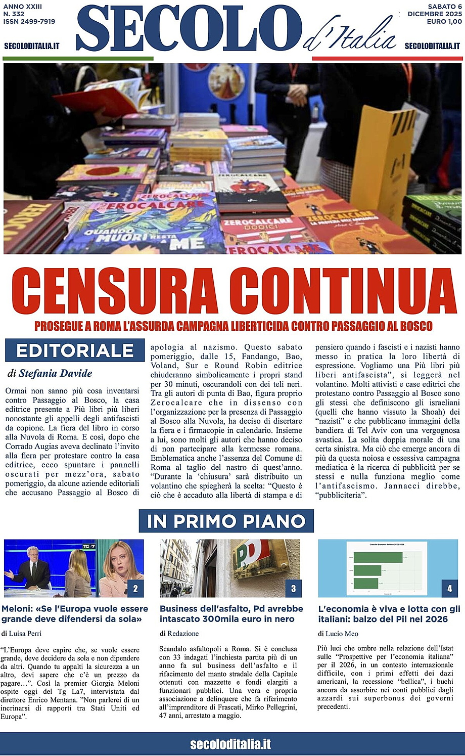 Prima pagina Secolo d'Italia di oggi - Edicola 6 Dicembre 2025