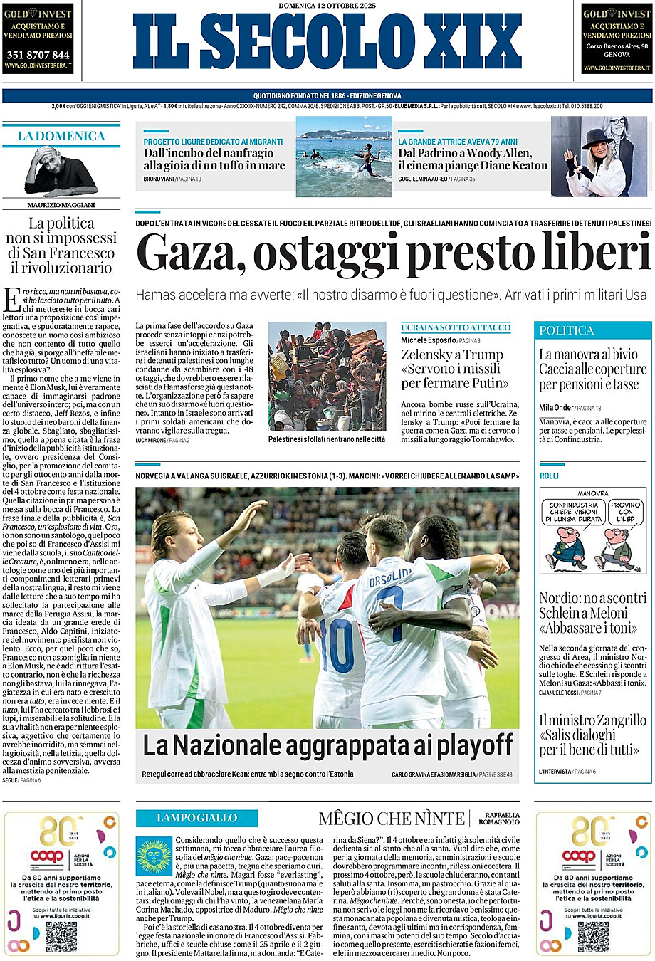 Prima pagina Il Secolo XIX di oggi - Edicola 12 Ottobre 2025