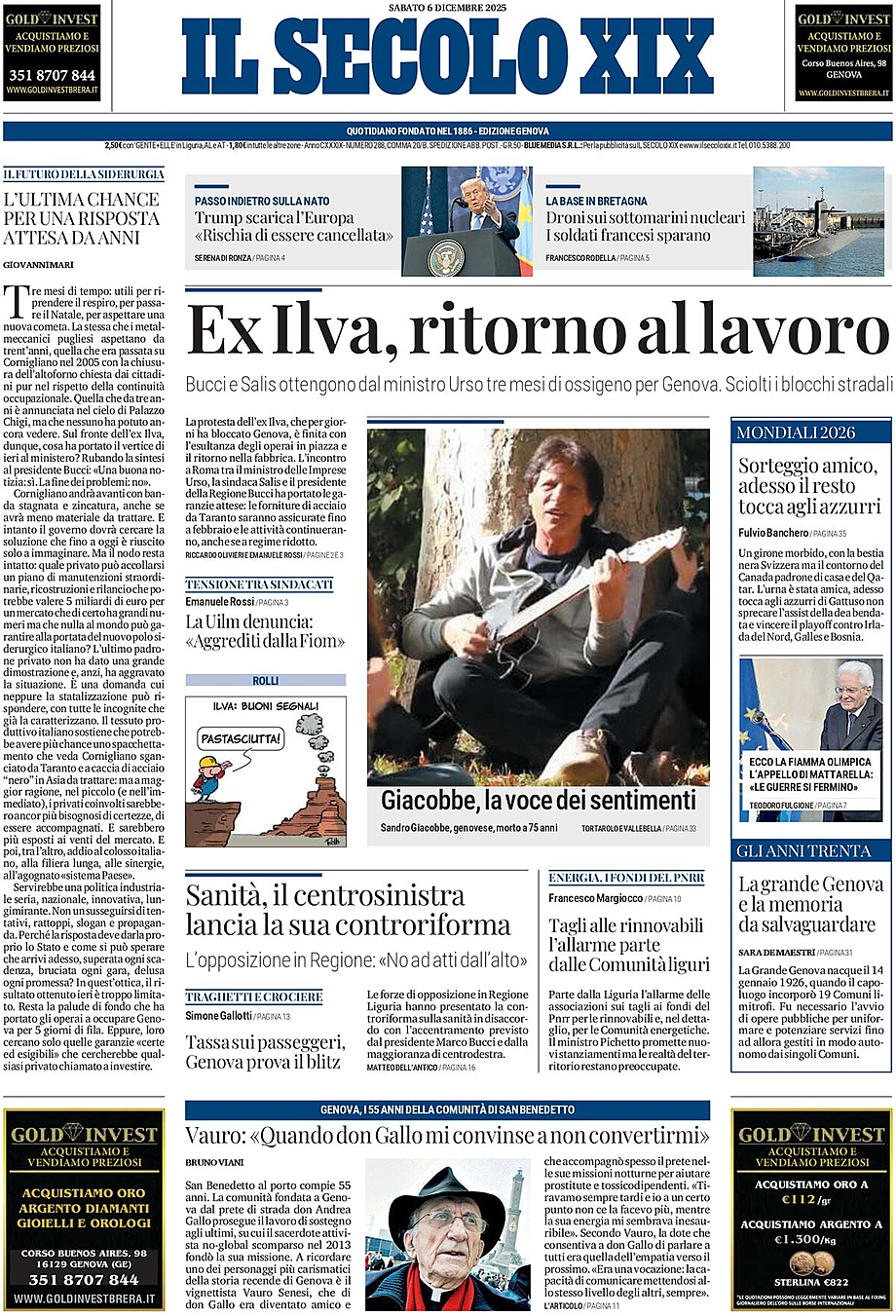 Prima pagina Il Secolo XIX di oggi - Edicola 6 Dicembre 2025