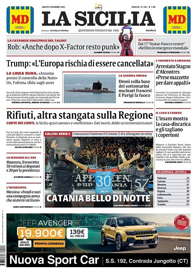 Prima pagina La Sicilia di oggi - Edicola 6 Dicembre 2025