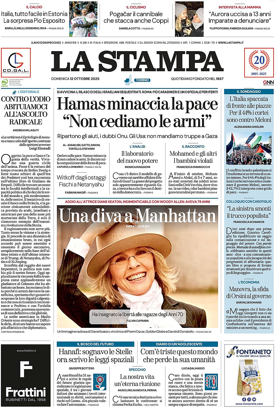 Prima pagina La Stampa di oggi - Edicola 12 Ottobre 2025