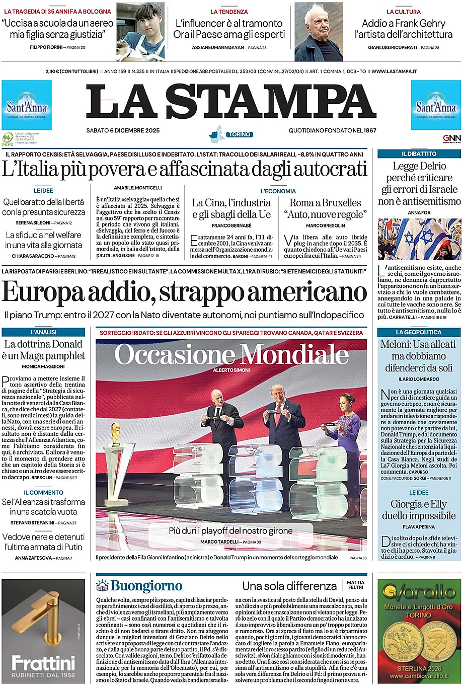 Prima pagina La Stampa di oggi - Edicola 6 Dicembre 2025