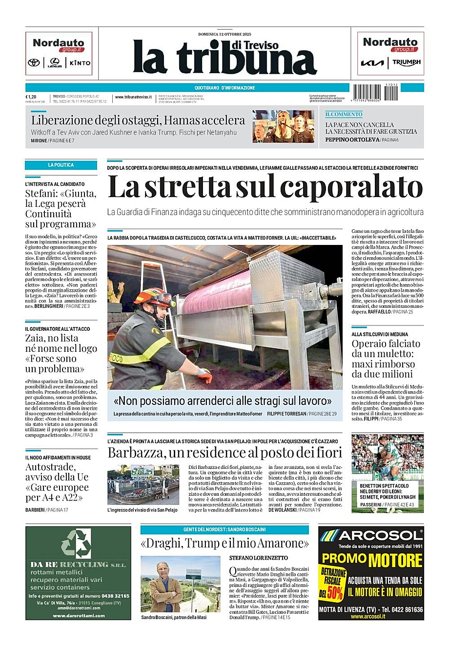 Prima pagina La Tribuna di Treviso di oggi - Edicola 12 Ottobre 2025