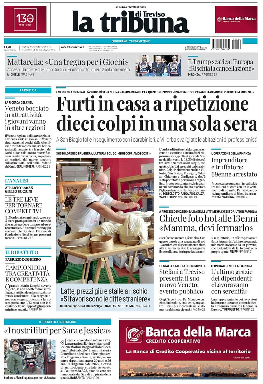 Prima pagina La Tribuna di Treviso di oggi - Edicola 6 Dicembre 2025