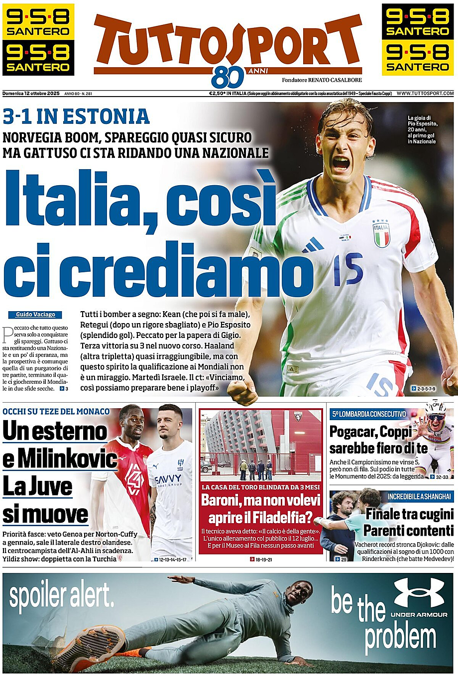 Prima pagina Tuttosport di oggi - Edicola 12 Ottobre 2025