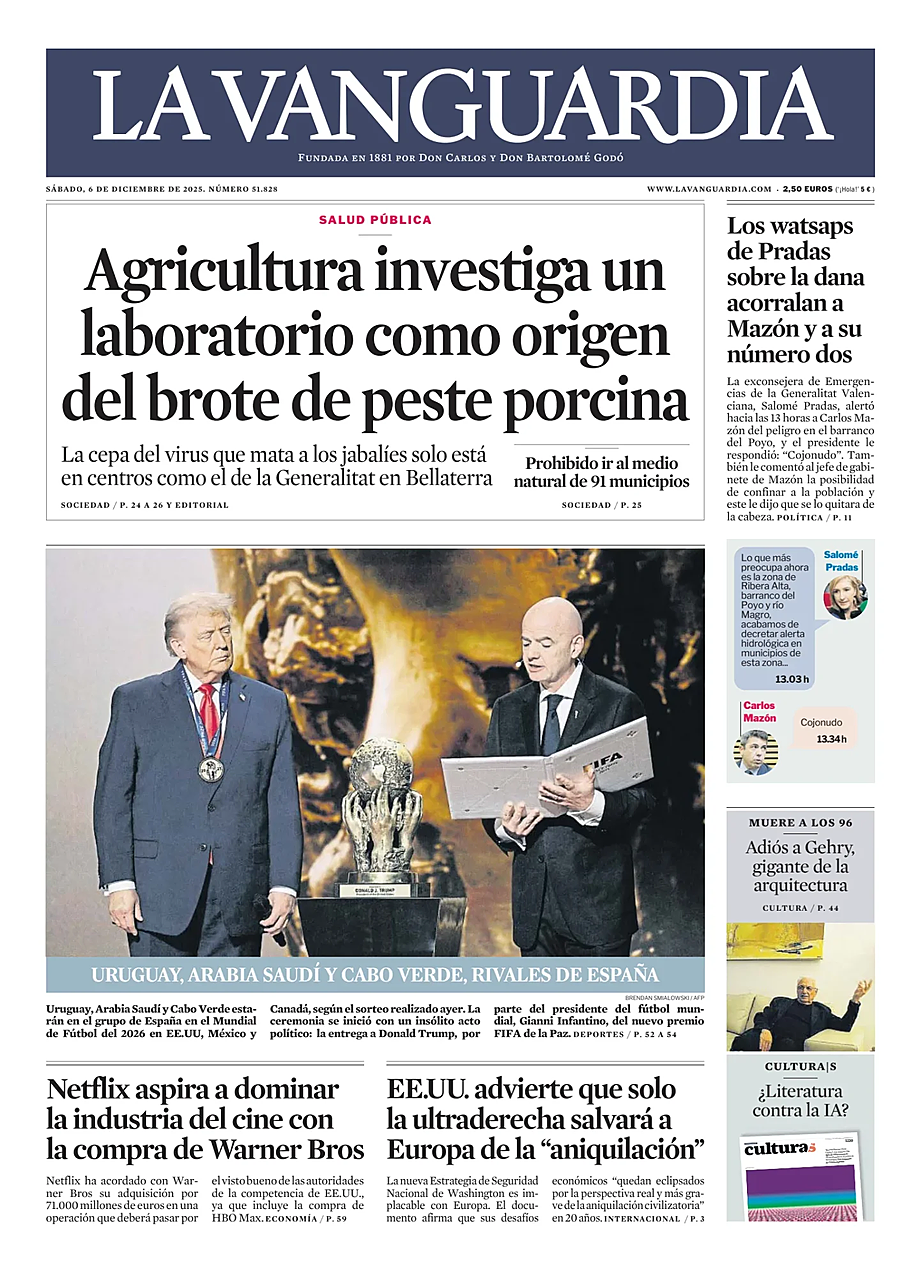 Prima pagina La Vanguardia di oggi - Edicola 6 Dicembre 2025