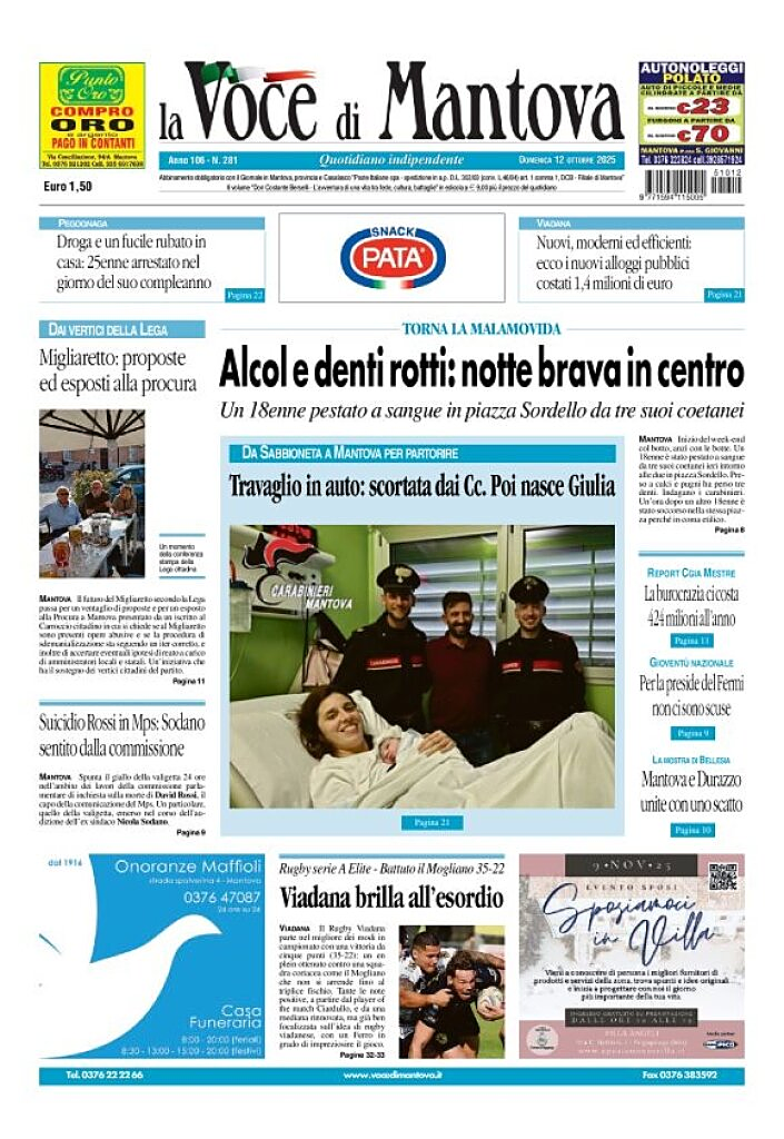 Prima pagina La Voce di Mantova di oggi - Edicola 12 Ottobre 2025