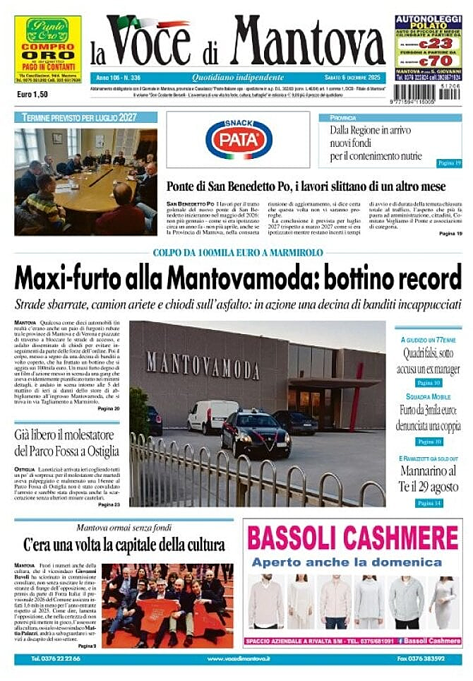 Prima pagina La Voce di Mantova di oggi - Edicola 6 Dicembre 2025