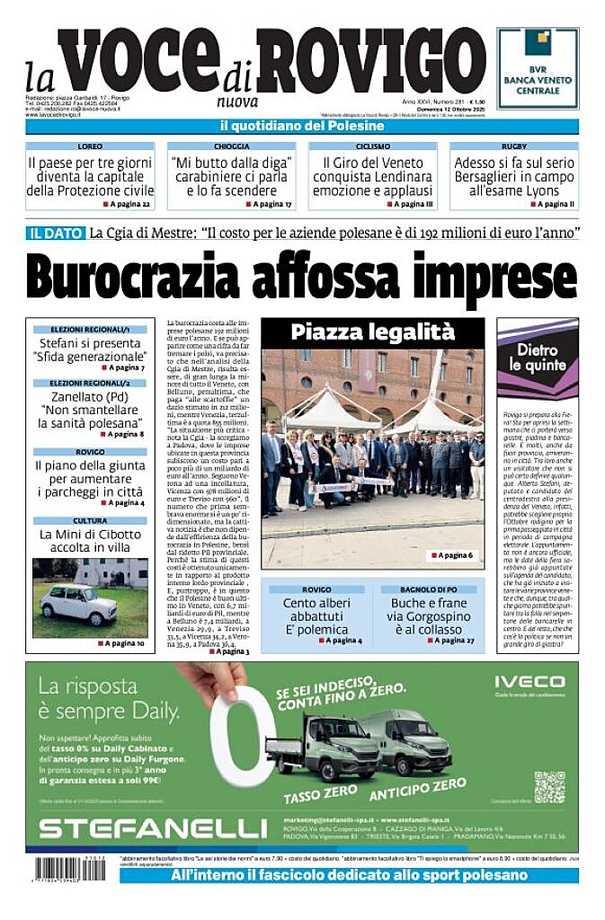 Prima pagina La Voce di Rovigo di oggi - Edicola 12 Ottobre 2025